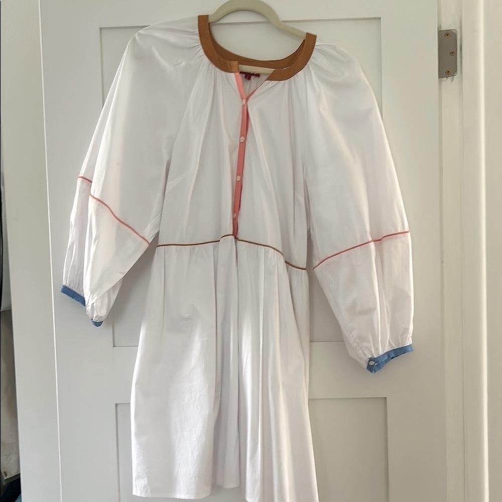 Staud - White Long Sleeve Babydoll Mini Dress W/ Colorful Trim